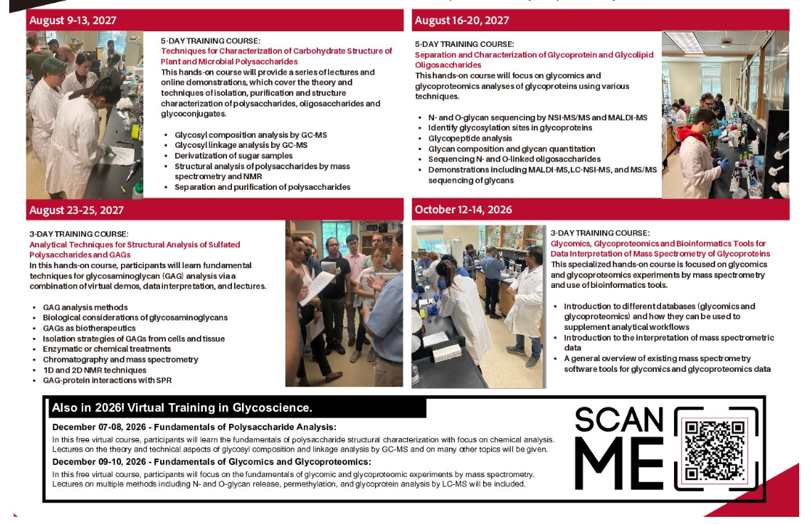 Four panels display details of 2027 glycoscience training courses, each with a course photo, descriptions, and dates. A QR code and an additional course listing appear at the bottom right.